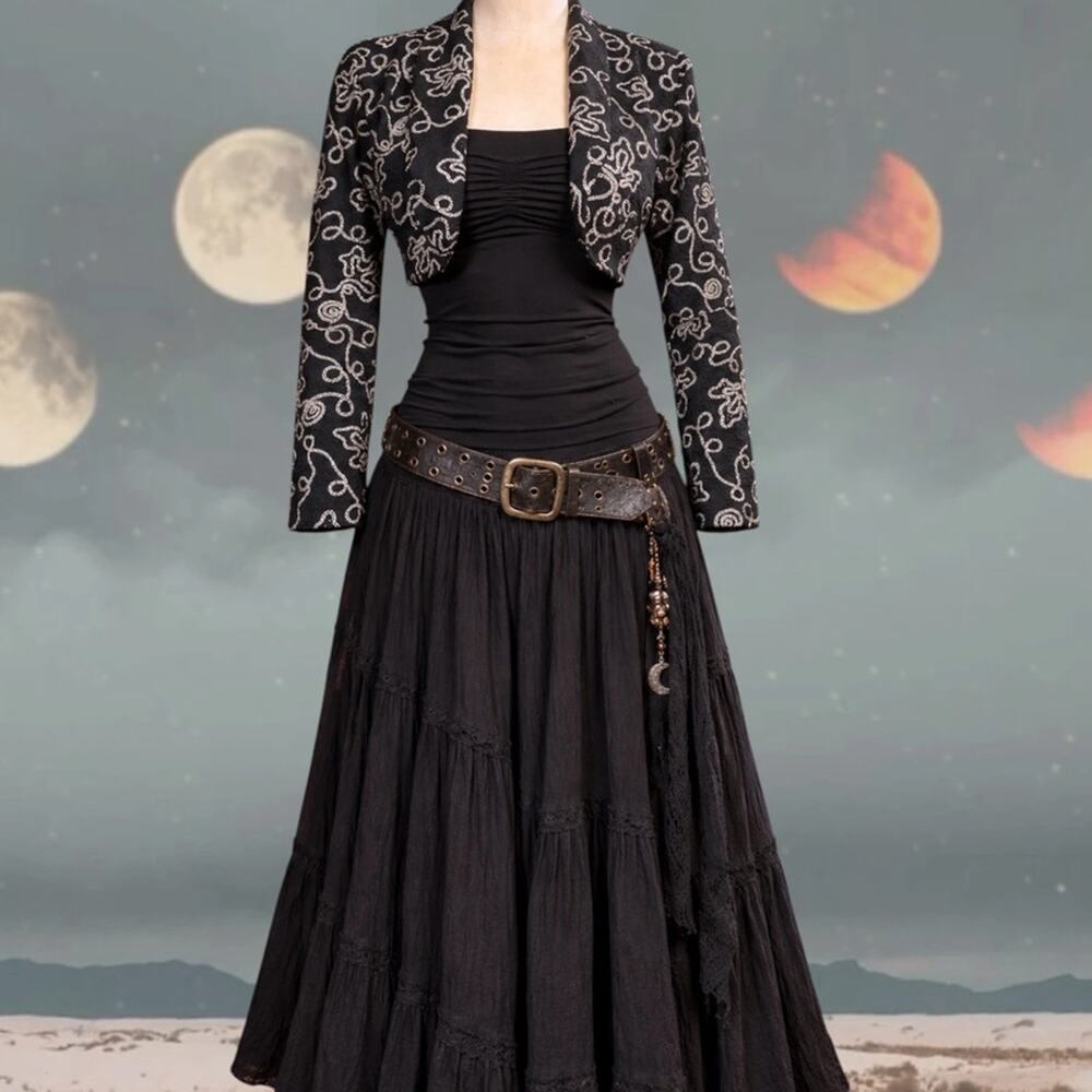 True Vintage Black Embroidered Cropped Bolero Jacket Whimsigoth 90s Y2K
